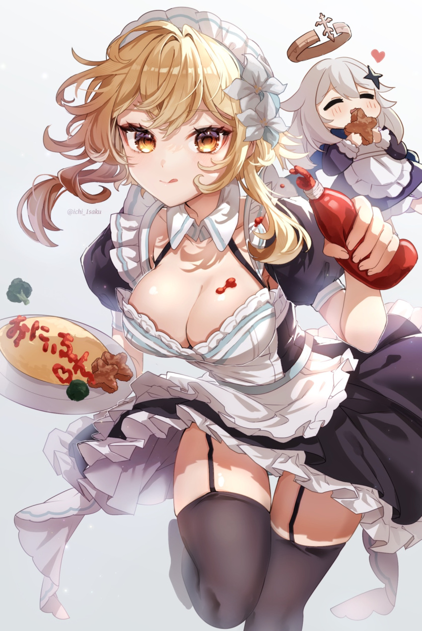 2girls :3 :d :p alternate_costume apron black_thighhighs blonde_hair blush breasts broccoli cleavage closed_eyes commentary_request detached_collar dress enmaided flower food food_on_body food_on_breasts garter_straps genshin_impact hair_flower hair_ornament happy heart highres holding ichineko. ketchup_bottle large_breasts leaning_forward long_hair looking_at_another looking_at_viewer lumine_(genshin_impact) maid maid_apron maid_headdress medium_hair multiple_girls omelet omurice paimon_(genshin_impact) smile standing standing_on_one_leg thigh_gap thighhighs thighs tongue tongue_out twitter_username yellow_eyes