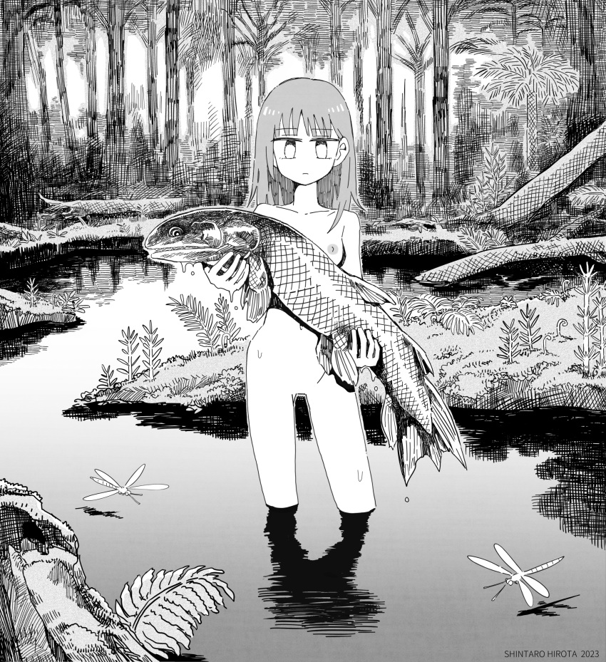 1girl animal aremoyou artist_name breasts bug coelacanth commentary commentary_request completely_nude contrapposto crosshatching dated day dragonfly dripping expressionless fern fish greyscale hatching_(texture) highres holding holding_animal holding_fish long_hair looking_at_viewer medium_breasts monochrome navel nipples nude original outdoors plant pond prehistoric shadow solo straight-on tree wading wet wetland