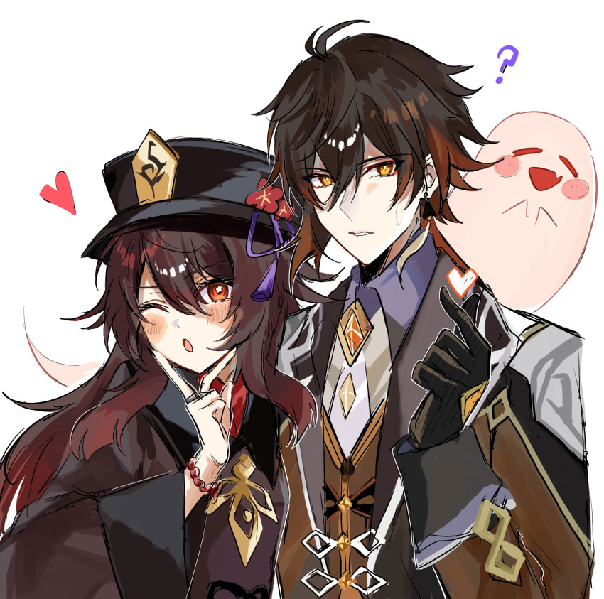 1boy 1girl :o ? bead_bracelet beads black_gloves black_hair black_headwear blush boo_tao_(genshin_impact) bracelet brown_hair chinese_clothes earrings eyeliner eyeshadow finger_heart flower flower-shaped_pupils formal genshin_impact ghost gloves gradient_hair hair_between_eyes hand_up hat hat_flower heart highres hu_tao_(genshin_impact) jacket jewelry long_hair long_sleeves looking_at_viewer makeup multicolored_hair necktie one_eye_closed open_mouth plum_blossoms porkpie_hat red_eyes red_eyeshadow ring sia5 single_earring suit sweatdrop symbol-shaped_pupils tassel tassel_earrings upper_body v white_necktie yellow_eyes zhongli_(genshin_impact)