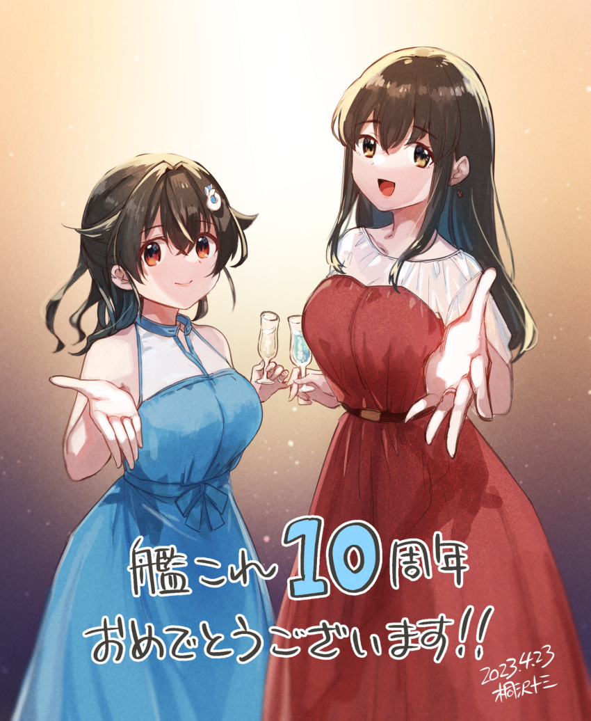 2girls absurdres akagi_(kancolle) anniversary artist_name black_hair blue_dress brown_eyes brown_hair champagne_flute copyright_name cup dated dress drinking_glass feet_out_of_frame gradient_background hair_flaps hair_ornament hairclip highres jingei_(kancolle) kantai_collection kirisawa_juuzou long_hair multiple_girls official_alternate_costume open_mouth red_dress red_eyes smile