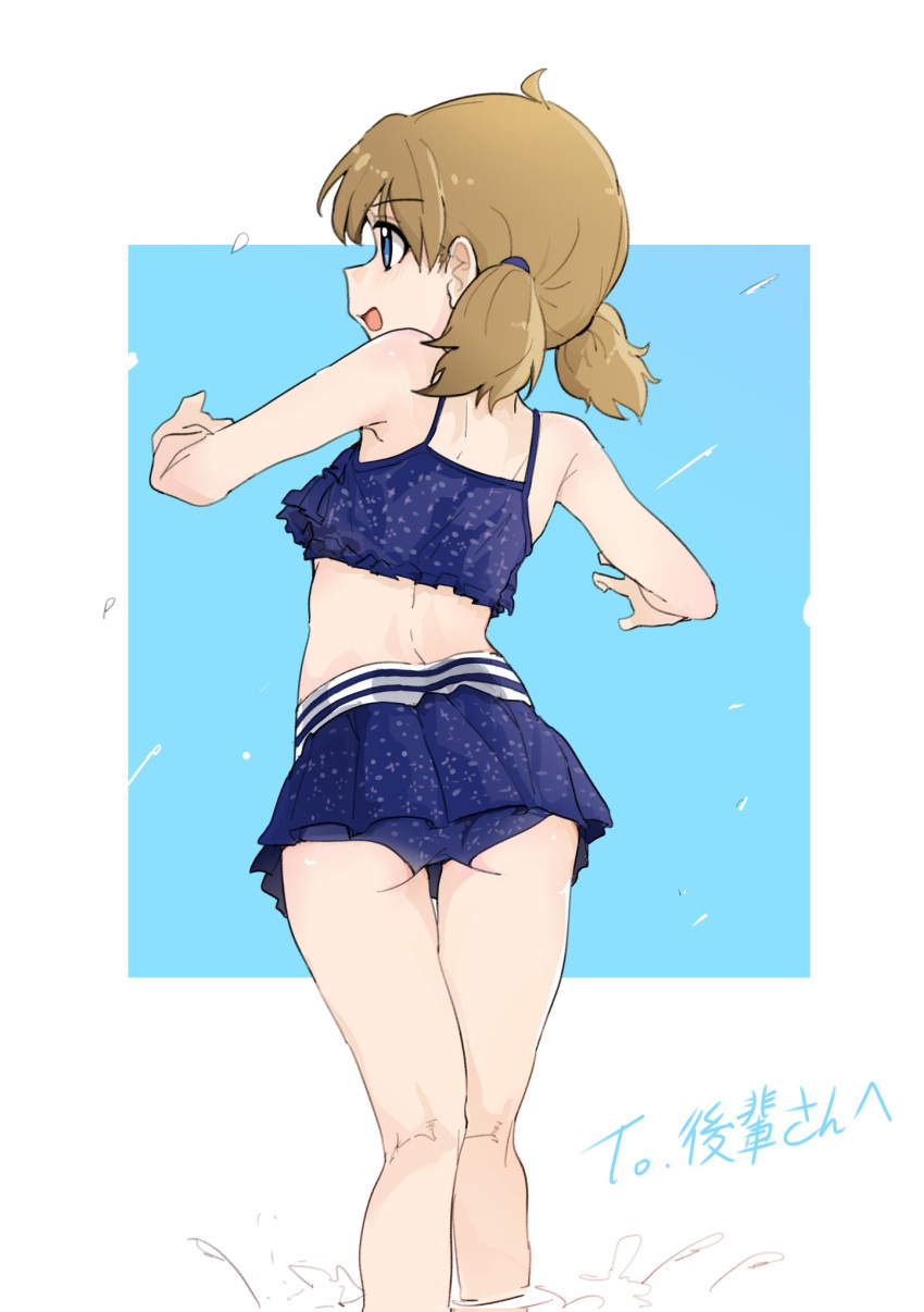 1girl ahoge ass bikini bikini_skirt blue_background blue_bikini blue_eyes brown_hair child commentary_request frilled_bikini frills from_behind hands_up highres idolmaster idolmaster_million_live! legs looking_at_another medium_hair official_alternate_costume official_alternate_hairstyle open_mouth pearlgang_e print_bikini smile solo splashing standing suou_momoko swimsuit thighs twintails water water_drop