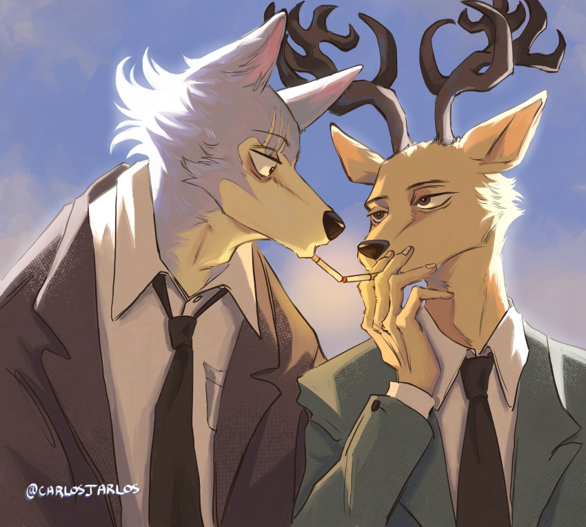 2023 absurd_res anthro antlers beastars canid canine canis carlosjarlos cigarette clothed clothing clothing_lift cloud day deer dress dress_lift duo eye_contact eyebrows fur hi_res horn jacket legoshi_(beastars) looking_at_another louis_(beastars) male mammal nails necktie open_clothing open_jacket open_topwear outside scar sky smoking standing suit text topwear tuft url wolf