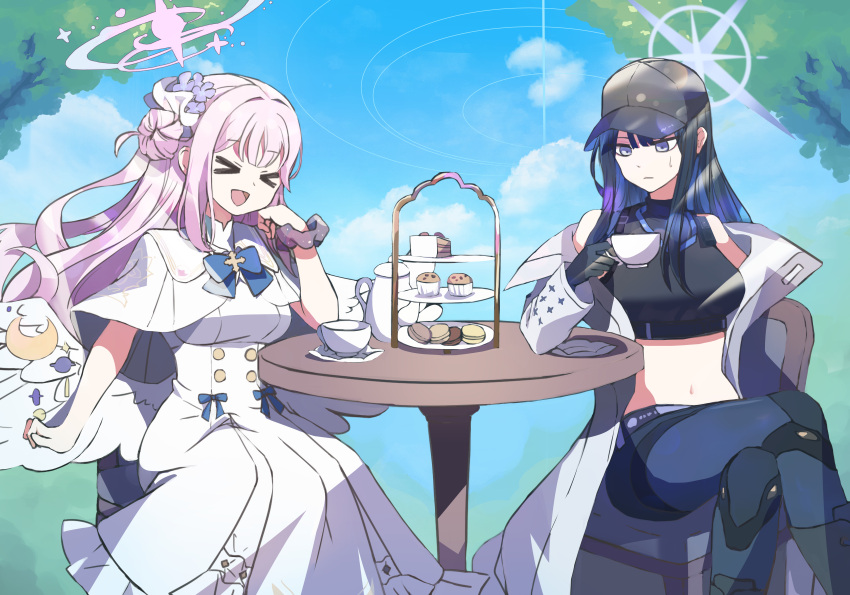 &gt;_&lt; 2girls :d absurdres ajeu914 bare_shoulders baseball_cap black_headwear black_shirt blue_archive blue_eyes blue_hair blue_pants blue_sky cloud coat commentary_request crop_top cup day dress hat highres holding holding_cup leggings long_hair long_sleeves midriff mika_(blue_archive) multiple_girls navel open_clothes open_coat open_mouth pants saori_(blue_archive) shirt sky sleeveless sleeveless_shirt smile stomach teacup white_coat white_dress