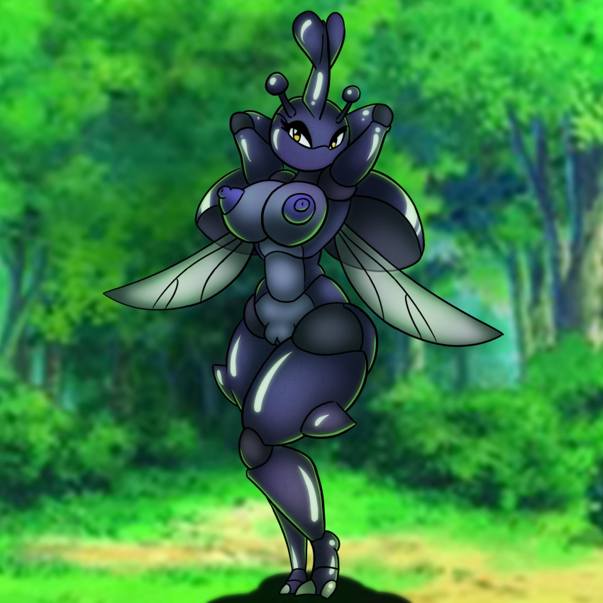 2_toes absurd_res anthro arthropod blue_body blue_nipples blue_pussy blurred_background breasts bugzilla detailed_background eyelashes feet female forest forest_background generation_2_pokemon genitals glistening glistening_body grass heracross hi_res multicolored_body nature nature_background nintendo nipples plant pokemon pokemon_(species) pussy solo toes tree two_tone_body wings yellow_eyes