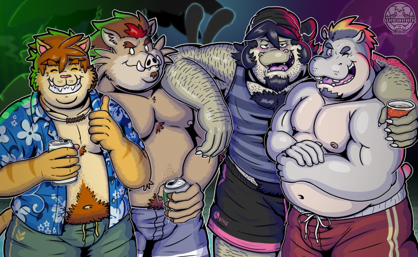 anthro arm_around_shoulders body_hair chest_hair chest_tuft clothed clothing drinking felid feline group hippopotamid krokodyle male mammal open_clothing open_shirt open_topwear shirt shirtless smile smiling_at_viewer suid suina sus_(pig) tank_top topwear tuft wanikami wild_boar