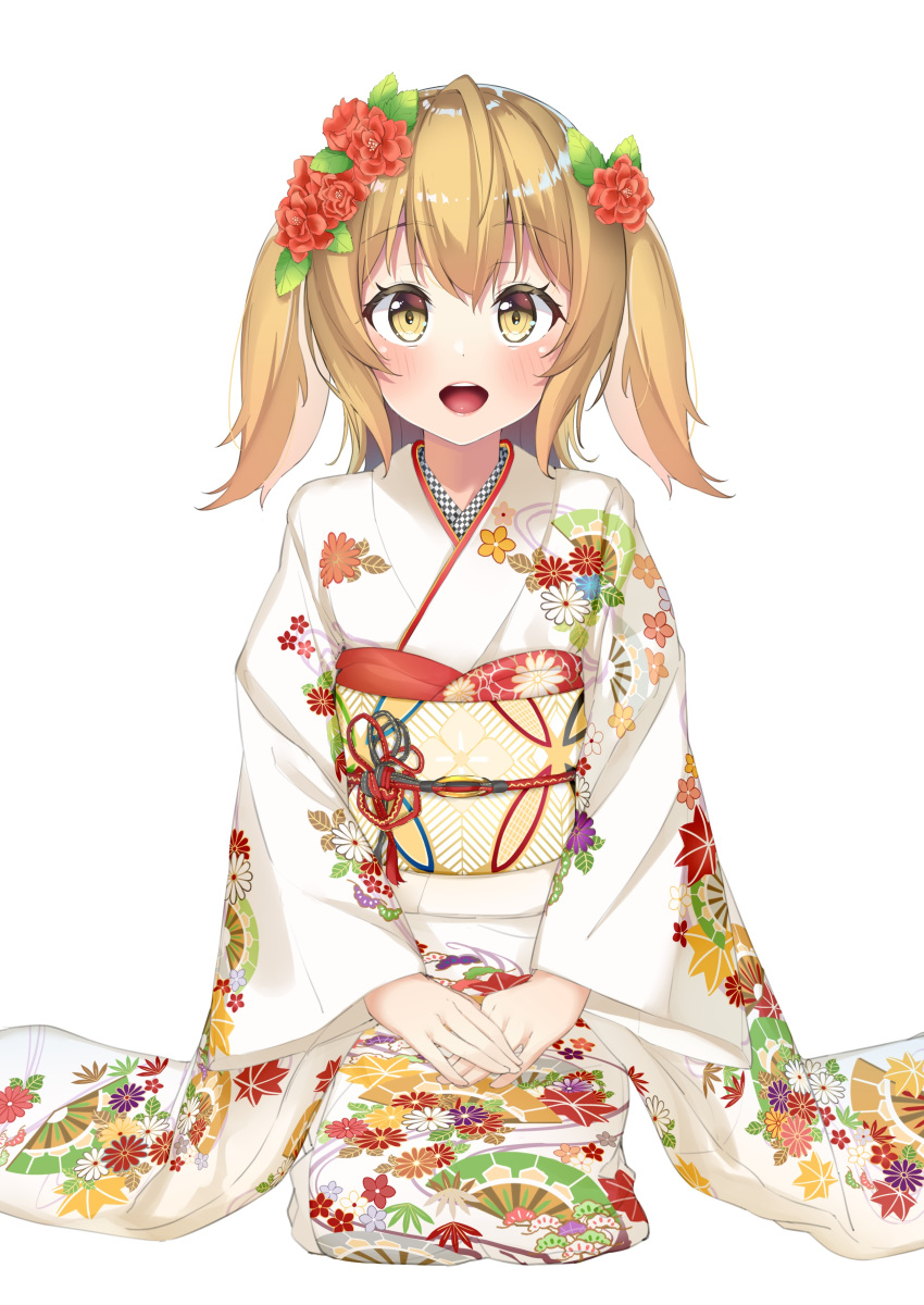 1girl absurdres blonde_hair floral_print flower hair_flower hair_ornament hands_on_lap highres imsaibo3 inaba_haneru_(animare) japanese_clothes kimono long_hair multicolored_sash nanashi_inc. obi obijime open_mouth red_flower sash solo two_side_up white_kimono yellow_eyes