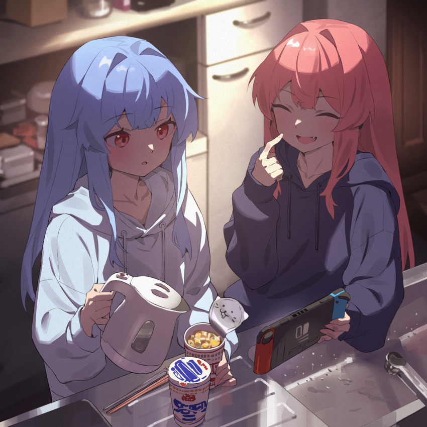 2girls :d :o ^_^ black_hoodie blue_hair casual chopsticks closed_eyes commentary_request cup cup_ramen fang faucet hair_intakes handheld_game_console highres holding holding_cup holding_handheld_game_console holding_kettle hood hood_down hoodie indoors kitchen kotonoha_akane kotonoha_aoi long_hair multiple_girls nintendo_switch open_mouth pink_hair refrigerator siblings sink sisters smile upper_body voiceroid white_hoodie yamamomo_(plank)