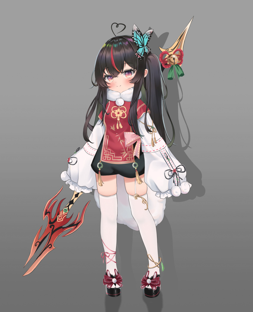 1girl absurdres ahoge black_hair blush butterfly_hair_ornament child chinese_clothes chinese_commentary closed_mouth frilled_sleeves frills full_body garter_straps grey_background hair_ornament heart heart_ahoge highres holding holding_polearm holding_weapon long_sleeves looking_at_viewer multicolored_hair original polearm purple_eyes red_hair sheng_taoren simple_background single_garter_strap sleeves_past_fingers sleeves_past_wrists smile solo spear standing streaked_hair thighhighs twintails weapon white_thighhighs zouri