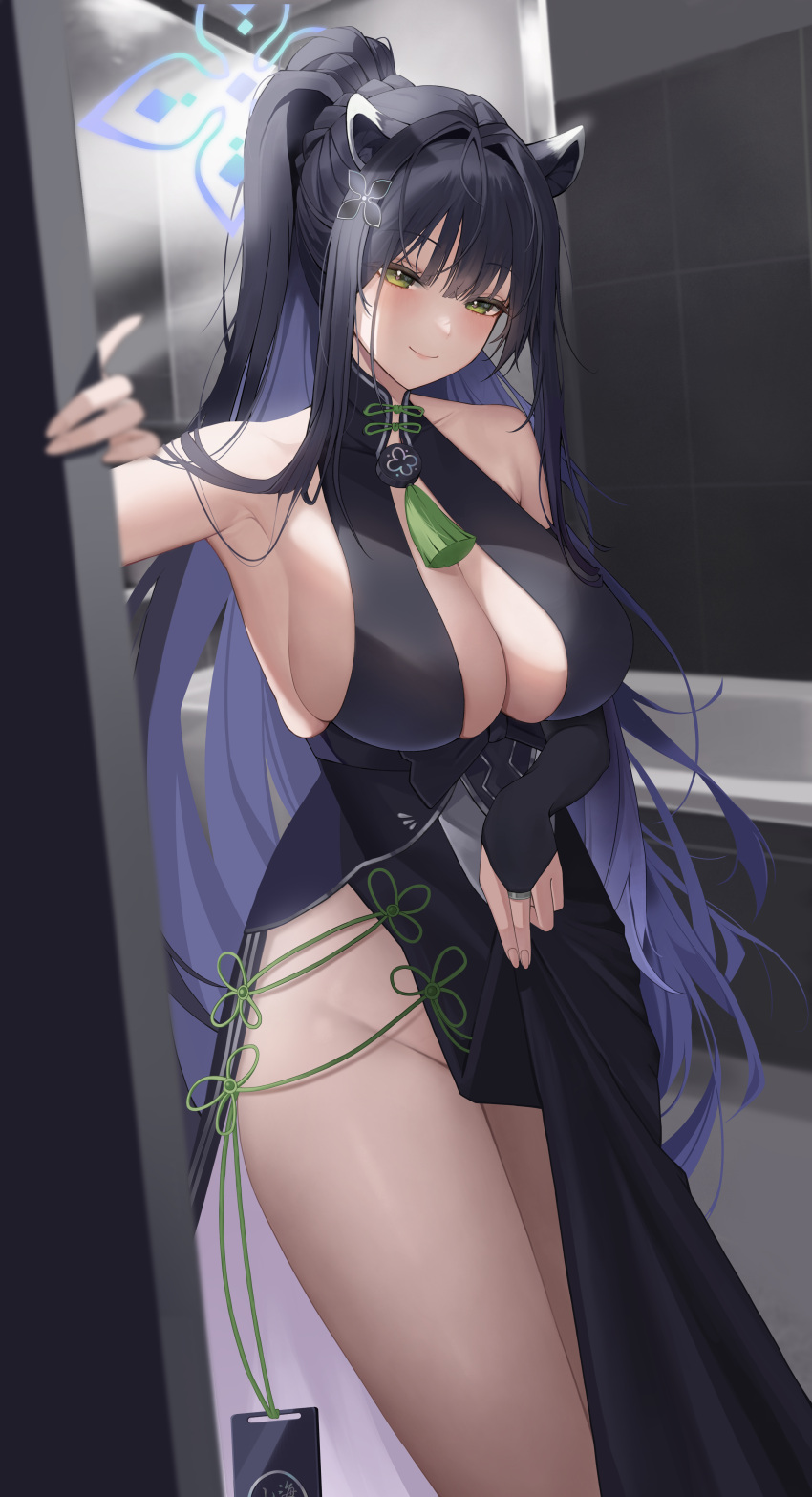 1girl absurdres animal_ears black_dress black_hair blue_archive blue_halo blurry blush breasts bridal_gauntlets center_opening china_dress chinese_clothes cleavage closed_mouth depth_of_field dress foreshortening green_eyes halo highres jupo large_breasts long_hair ponytail shun_(blue_archive) sidelocks smile solo tassel thighs tiger_ears very_long_hair
