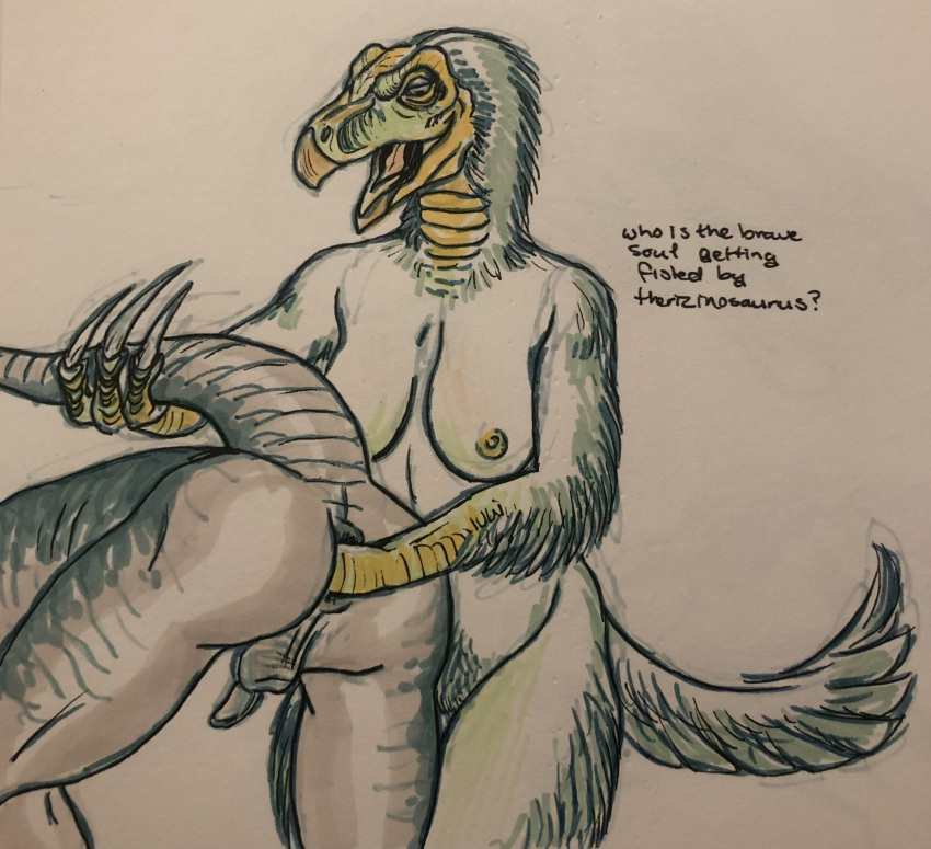 anthro anus balls beak bent_over biped breasts claws dinosaur duo feathers female fisting genitals hi_res justcartilage long_claws male male/female nipples non-mammal_breasts non-mammal_nipples penetration penis raised_tail reptile scales scalie tail tail_grab