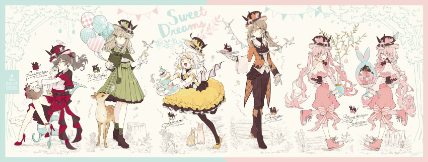 2girls 6+girls absurdres akakura animal animal_ears arm_up artist_name baggy_pants balloon bird black_footwear black_headwear black_pantyhose brown_hair bug butterfly cake chair chocolate_cake chokokeki_6_shimai closed_mouth cross-laced_footwear curly_hair deer easter_egg egg english_text expressionless food food-themed_clothes green_eyes green_headwear green_skirt green_socks hair_ornament heart high_heels high_ponytail highres holding holding_balloon holding_plate light_brown_hair long_hair long_sleeves looking_at_another looking_at_viewer low_ponytail low_twintails medium_hair multicolored_hair multiple_girls open_mouth orange_eyes orange_headwear orange_shirt pants pantyhose pink_eyes pink_footwear pink_hair plate ponytail rabbit rabbit_ears red_eyes red_footwear red_headwear red_skirt ribbon shirt shoes short_hair short_sleeves siblings simple_background sisters sitting skirt smile socks standing standing_on_one_leg striped striped_pants striped_pantyhose striped_ribbon turtleneck twins twintails vertical-striped_pantyhose vertical_stripes white_hair white_shirt x_hair_ornament yellow_eyes yellow_footwear yellow_headwear yellow_skirt