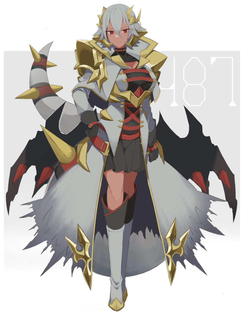 1girl armor boots breasts choker cleavage_cutout clothing_cutout dark-skinned_female dark_skin giratina giratina_(altered) gloves gold_trim grey_hair hair_ornament highres jacket knee_boots large_breasts long_sleeves low_wings open_clothes open_jacket parted_lips personification pleated_skirt pokemon red_eyes sakuragi_raia short_hair shoulder_armor skirt slit_pupils solo tail wings wrist_belt