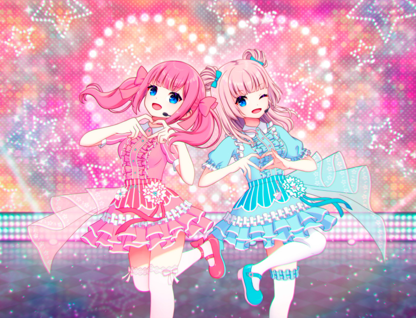 2girls :d ;d absurdres ankle_bow ankle_strap assault_lily blue_bow blue_dress blue_footwear blunt_bangs blurry blurry_background bow breasts c-chrone center_frills checkered_floor chromatic_aberration collared_dress commentary_request double_bun dress dress_flower flower foot_out_of_frame frilled_dress frilled_sleeves frilled_thighhighs frills hair_bow hair_bun hands_up headset heart heart_hands highres idol layered_dress leg_up long_hair looking_at_viewer mary_janes medium_breasts microphone multiple_girls official_alternate_costume one_eye_closed open_mouth pink_bow pink_hair puffy_short_sleeves puffy_sleeves red_footwear sadamori_himeka see-through shoes short_dress short_sleeves smile stage standing standing_on_one_leg star_(symbol) tanba_akari thighhighs twintails white_flower white_thighhighs zettai_ryouiki
