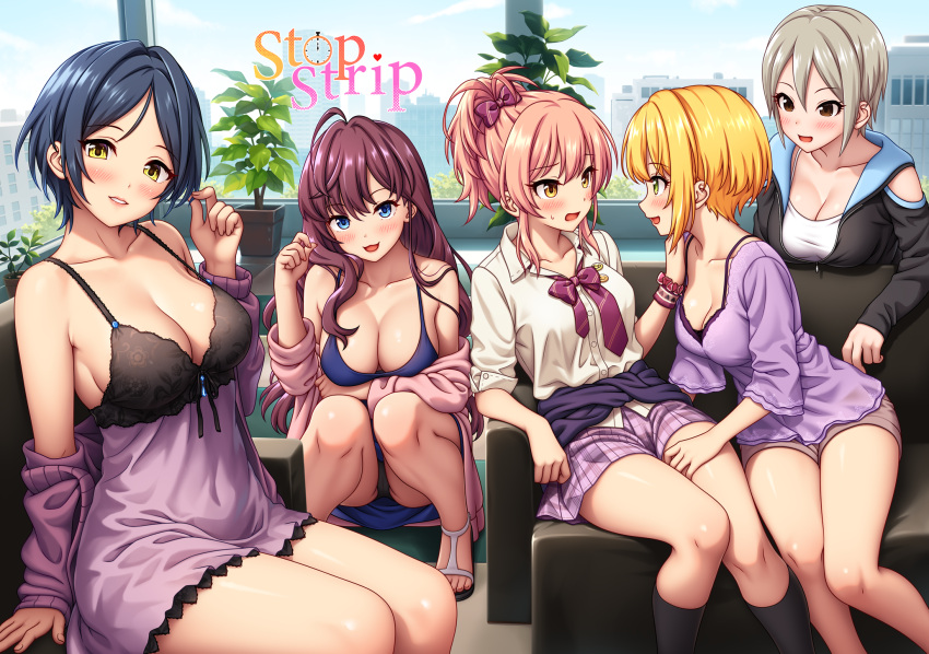 5girls black_jacket black_panties blonde_hair blue_hair blush breasts camisole cleavage collarbone cover cover_page dark_blue_hair doujin_cover eye_contact facing_another feet_out_of_frame grey_hair gyaru hand_on_another's_shoulder hand_on_another's_thigh hayami_kanade highres ichinose_shiki idolmaster idolmaster_cinderella_girls indoors jacket jougasaki_mika kogal large_breasts lipps_(idolmaster) looking_at_another looking_at_viewer medium_breasts miyamoto_frederica multiple_girls nazu-na panties pantyshot pink_car pink_hair plant potted_plant purple_camisole purple_hair purple_shirt school_uniform shiomi_syuko shirt sideboob sitting smile squatting underwear