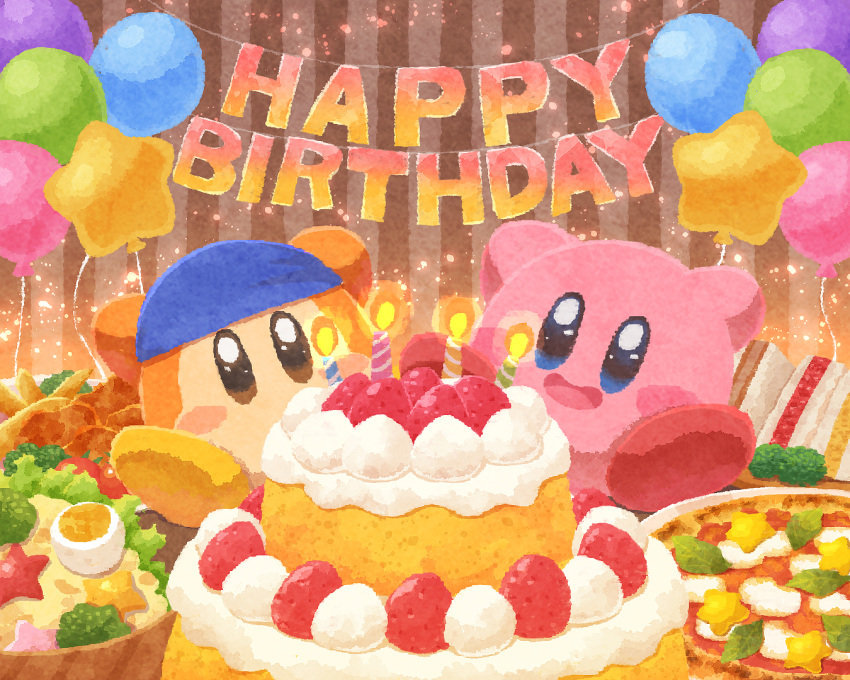 balloon bandana_waddle_dee birthday blue_eyes blush_stickers bowl cake candle egg food food_focus french_fries fried_chicken happy happy_birthday kirby kirby_(series) miclot no_humans open_mouth pink_footwear pizza plate sandwich shoes smile sparkling_eyes star_balloon waddle_dee yellow_footwear