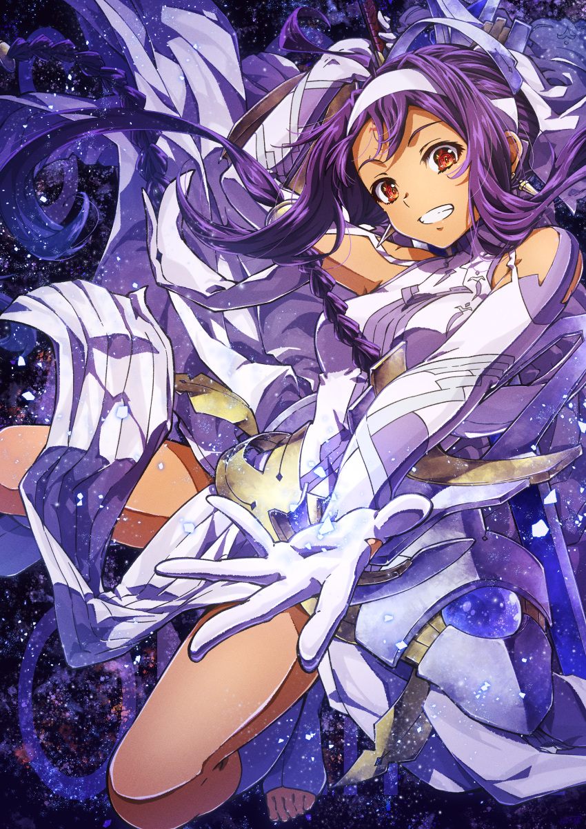 1girl absurdres bare_legs dark-skinned_female dark_skin dress elbow_gloves gloves hairband highres holding holding_sword holding_weapon jewelry long_hair no_armor oboro_neko purple_hair red_eyes sandals smile sword sword_art_online toes weapon white_dress white_gloves yuuki_(sao)