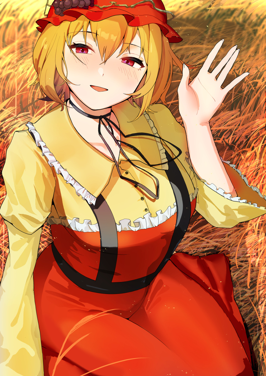 1girl absurdres aki_minoriko apron black_choker blonde_hair blush choker commentary_request food fruit grapes hairband highres long_sleeves looking_at_viewer open_mouth outdoors red_apron red_eyes red_hairband shirt short_hair solo touhou urizaku3 wheat_field yellow_shirt