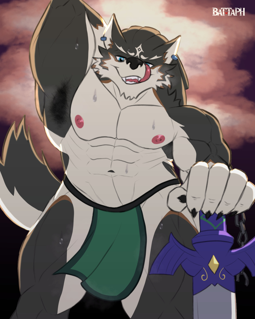 anthro armpit_fetish armpit_hair battaph bodily_fluids body_hair canid canine canis clothed clothing hi_res link_(wolf_form) looking_at_viewer male mammal master_sword melee_weapon muscular muscular_male musk nintendo partially_clothed solo sweat sweatdrop sword the_legend_of_zelda tongue tongue_out twilight_princess weapon wolf