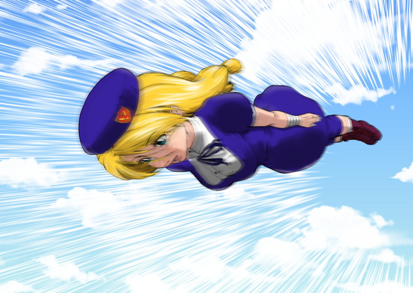 1girl bandages beret blonde_hair blue_eyes edmond_honda flying gameplay_mechanics hat highres long_hair mahha_warabi open_mouth parody shijou_hinako solo street_fighter sumo the_king_of_fighters twintails
