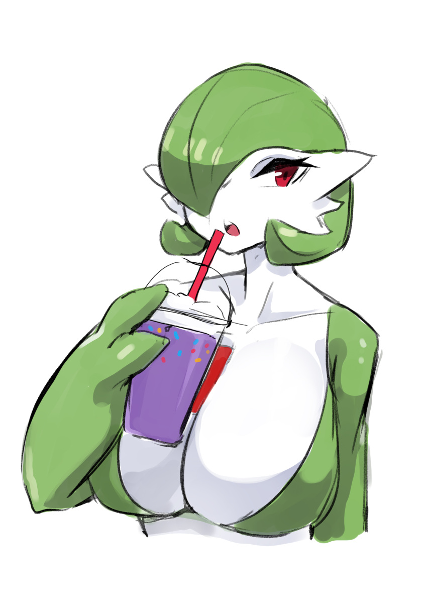 2023 absurd_res beverage breasts cleavage clothed clothing container cup female gardevoir generation_3_pokemon green_body hi_res holding_container holding_cup holding_object humanoid menyang nintendo not_furry open_mouth pokemon pokemon_(species) red_body red_eyes simple_background solo white_background white_body
