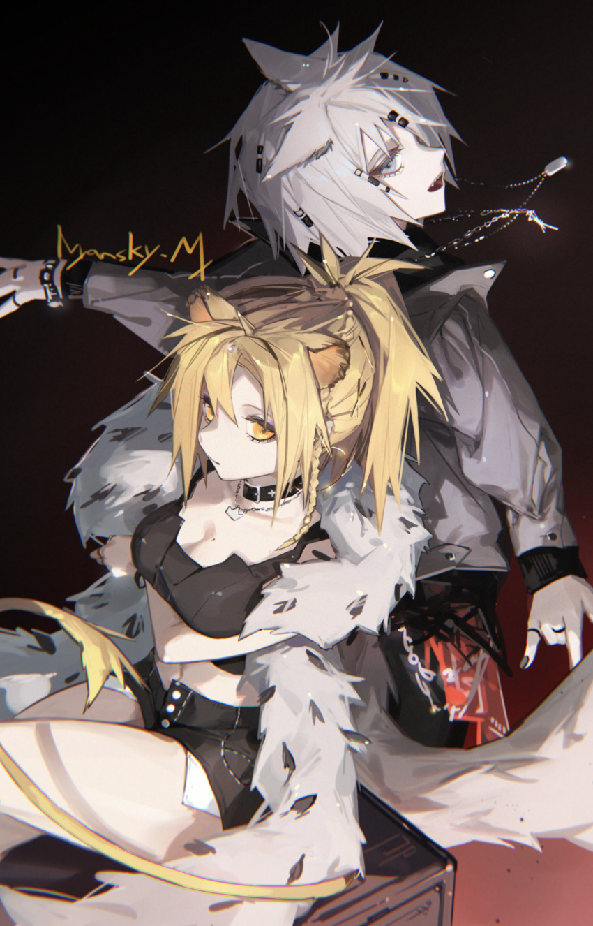 2girls absurdres ambience_synesthesia animal_ears arknights arms_under_breasts back-to-back black_background black_collar black_shorts black_tank_top blonde_hair breasts buckle cleavage collar collarbone crop_top crossed_legs cutoffs feather_boa feet_out_of_frame from_side grey_eyes grey_jacket hair_between_eyes hair_ornament hairclip high_ponytail highres jacket jewelry lappland_(arknights) lion_ears lion_girl lion_tail long_bangs looking_at_viewer medium_breasts medium_hair mole mole_on_breast multiple_girls nyansky open_mouth orange_eyes outstretched_arms pendant short_ponytail shorts sidelocks siege_(arknights) simple_background sitting stretching tail tank_top teeth thighs upper_teeth_only white_hair wolf_ears wolf_girl wolf_tail