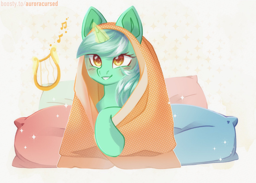 2023 amitadust bedding blanket blush blush_lines digital_media_(artwork) equid equine eyelashes female feral friendship_is_magic fur glowing glowing_horn green_body green_fur green_hair hair hasbro hi_res horn lying lyra_heartstrings_(mlp) lyre magic mammal musical_instrument musical_note my_little_pony pillow plucked_string_instrument signature smile solo string_instrument telekinesis unicorn yellow_eyes