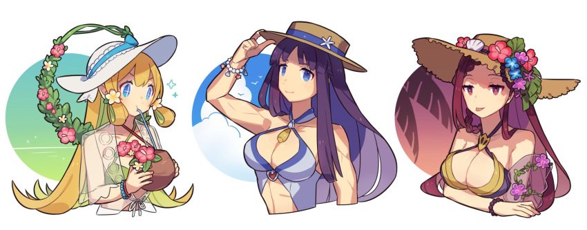 +_+ 3girls altina_(fire_emblem) altina_(summer)_(fire_emblem) bare_shoulders bikini blonde_hair blue_eyes breasts brown_headwear cleavage coconut drinking_straw drinking_straw_in_mouth fire_emblem fire_emblem:_radiant_dawn fire_emblem_heroes flower green_bikini grey_one-piece_swimsuit haconeri hair_flower hair_ornament hat hat_flower highres large_breasts loki_(fire_emblem) loki_(summer)_(fire_emblem) long_hair multiple_girls official_alternate_costume one-piece_swimsuit purple_hair red_eyes red_hair see-through sun_hat swimsuit tongue tongue_out upper_body white_headwear ymir_(fire_emblem_heroes) ymir_(summer)_(fire_emblem_heroes)