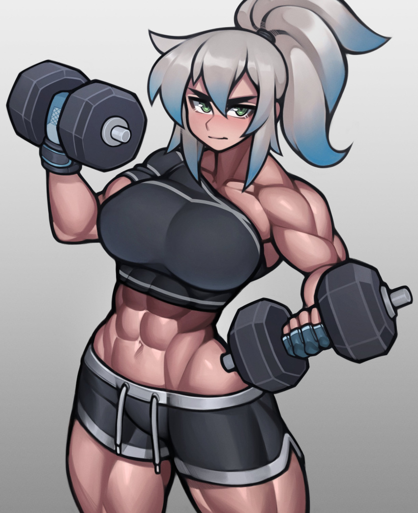 1girl abs absurdres biceps black_shorts black_sports_bra blue_gloves blue_hair borrowed_character breasts closed_mouth commission exercise fingerless_gloves gloves gradient_hair green_eyes grey_hair highres large_breasts looking_at_viewer multicolored_hair muscular muscular_female navel original roadi3 short_hair short_ponytail shorts solo sports_bra thick_thighs thighs weightlifting