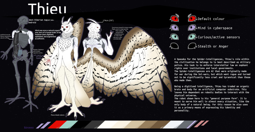 4_fingers 6_limbs absurd_res android anthro avian bird bone bubo_(genus) cybernetics description feather_tuft feathered_wings feathers featureless_crotch fingers hi_res kirossa lore machine male model_sheet natural_colors nude owl robot skeleton solo solo_focus tail_feathers talon_hands talons text thieu_(thieutheowl) true_owl tuft white-feathers white_body wings