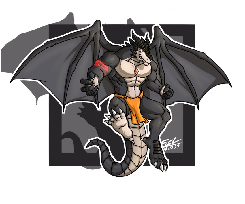 2018 5_fingers abs amber_eyes anthro arm_tattoo barefoot black_body black_horn black_scales black_spikes black_wings bottomwear chest_gem clothed clothing countershade_face countershade_neck countershade_torso countershading dated digital_media_(artwork) dragon facial_spikes fansl feet fingers flying grey_body grey_scales horn jaw_spikes loincloth male membrane_(anatomy) membranous_wings muscular muscular_anthro muscular_male pecs red_gem red_tattoo scales scalie shadow sharp_teeth signature simple_background solo spikes spikes_(anatomy) spread_wings tail_scales tattoo teeth topless topless_anthro topless_male void_(sw08) white_background wings