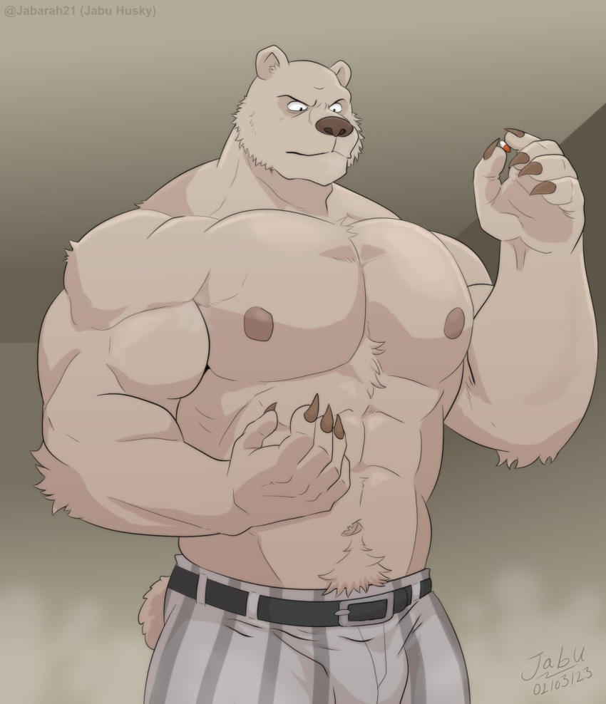 abs anthro bear beastars belt biceps bottomwear claws clothing drugs hi_res jabuhusky looking_down male mammal medication muscular muscular_anthro muscular_male nipples pants pattern_bottomwear pattern_clothing pattern_pants pecs pills riz_(beastars) shirtless shirtless_anthro shirtless_male simple_background solo striped_bottomwear striped_clothing striped_pants stripes tufted_fur ursine