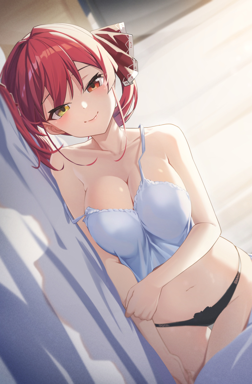 1girl black_panties blush breasts camisole chinese_commentary cleavage closed_mouth collarbone commentary_request hair_ribbon happy heterochromia highres hololive houshou_marine indoors large_breasts looking_at_viewer lying medium_hair navel off_shoulder on_side panties red_eyes red_hair red_ribbon reulem ribbon single_off_shoulder smile solo stomach television twintails underwear upper_body white_camisole yellow_eyes
