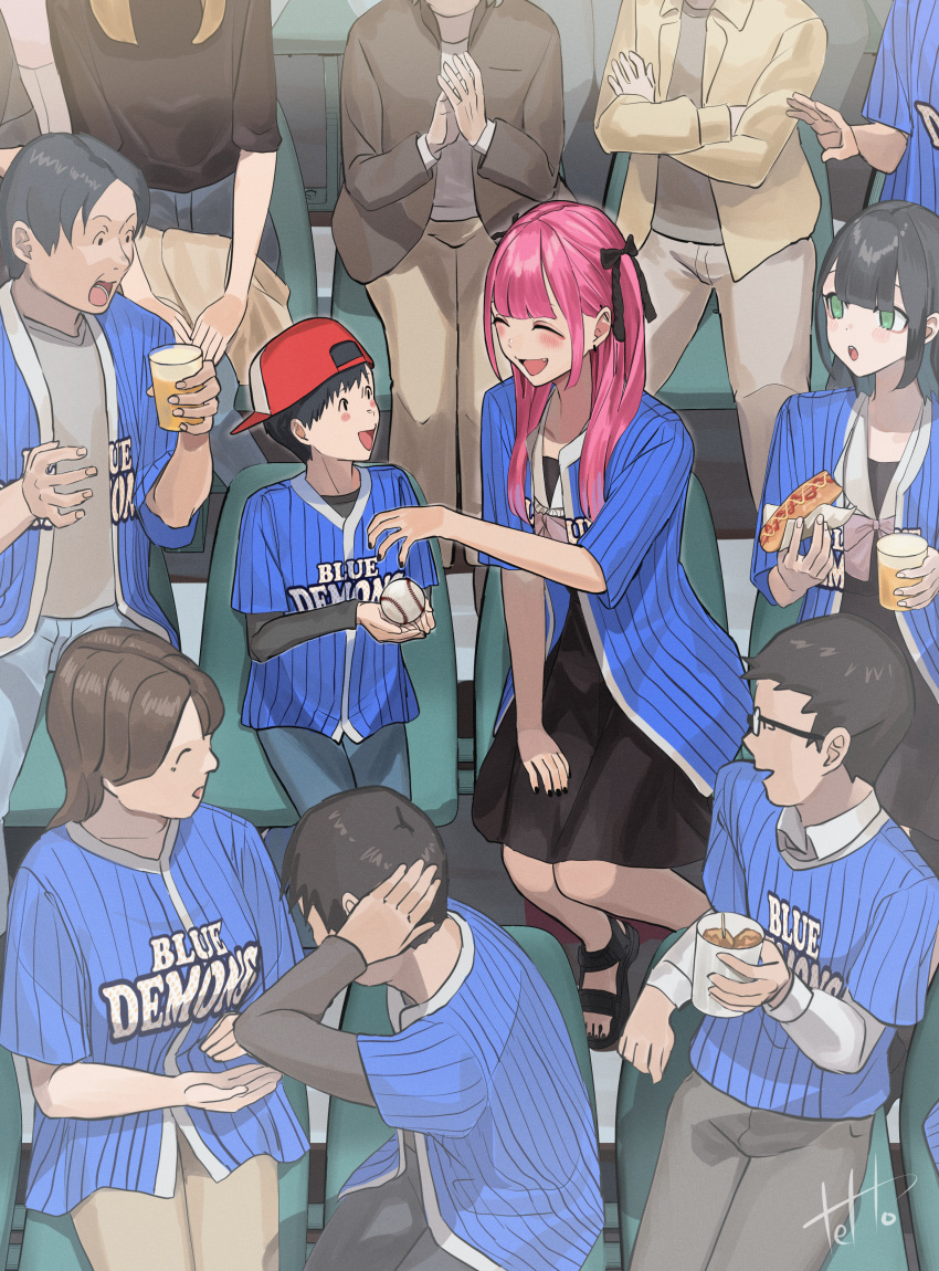 :d :o absurdres alcohol backwards_hat baseball baseball_cap baseball_jersey beer black_footwear black_hair black_shirt black_skirt blunt_bangs blush child closed_eyes cup douryou_(buta5813) fang green_eyes hair_ribbon hat highres hinamizawa_hinami holding holding_cup hot_dog jersey male_child medium_skirt original pink_hair ribbon sandals shirt sitting skirt smile tetto_(onnoveltet)