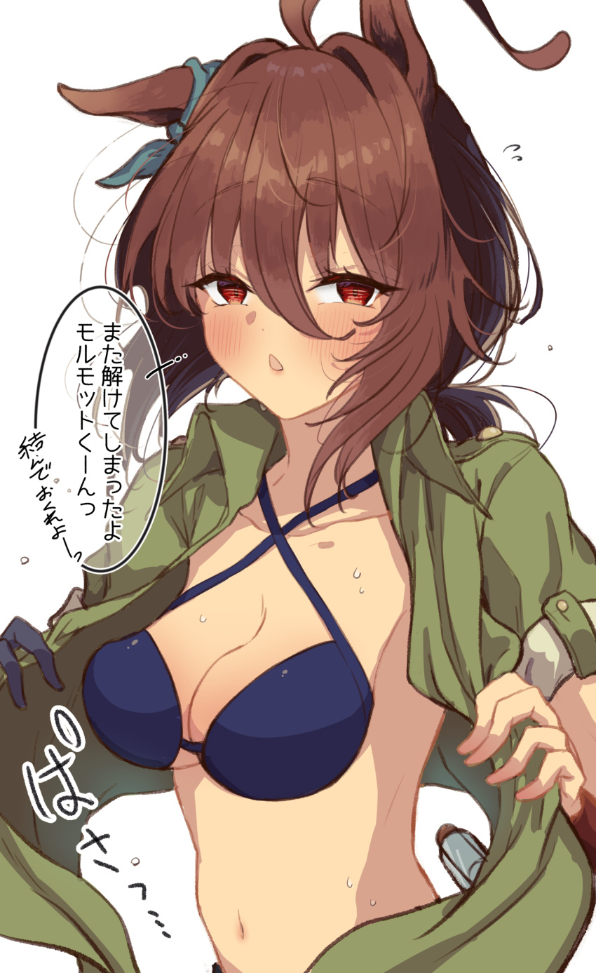 1girl absurdres agnes_tachyon_(lunatic_lab)_(umamusume) agnes_tachyon_(umamusume) ahoge animal_ears bikini black-framed_eyewear black_bikini brown_hair canister chabo_24 commentary_request criss-cross_halter ear_down ear_ornament flying_sweatdrops gloves green_jacket hair_between_eyes halterneck highres horse_ears horse_girl huge_ahoge jacket looking_at_viewer low_ponytail medium_hair messy_hair midriff navel official_alternate_costume official_alternate_hairstyle open_clothes open_jacket red_eyes short_ponytail single_glove solo sound_effects speech_bubble summer's_sunlight_fades_to_blue_(umamusume) sweat swimsuit translation_request umamusume upper_body