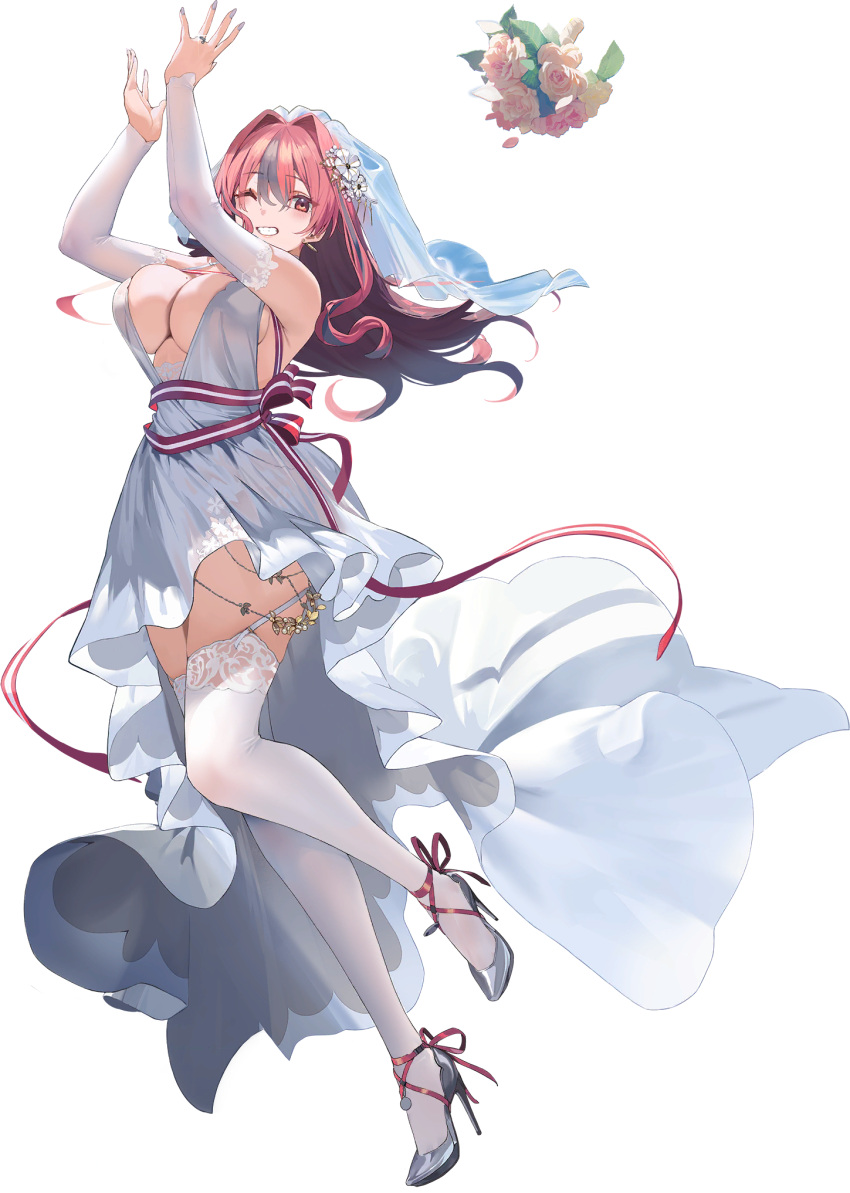 1girl armpit_crease arms_up azur_lane bare_shoulders black_hair bouquet breasts bremerton_(azur_lane) bremerton_(joyride_of_love)_(azur_lane) bridal_garter bridal_veil dress earrings fingernails floral_print flower footwear_ribbon full_body garter_straps glint grey_footwear grin hair_between_eyes hair_flower hair_intakes hair_ornament high_heels highres huge_breasts jewelry jumping katsudansou lace-trimmed_thighhighs lips long_dress long_fingernails long_hair looking_at_viewer mole mole_on_breast multicolored_hair nail_polish official_alternate_costume official_art one_eye_closed petals purple_nails raised_eyebrows red_eyes red_hair red_ribbon ribbon ring rose simple_background smile solo streaked_hair striped striped_ribbon teeth thighhighs thighs transparent_background two-tone_hair veil wedding_dress wedding_ring white_bridal_gauntlets white_dress white_flower white_rose white_thighhighs white_veil