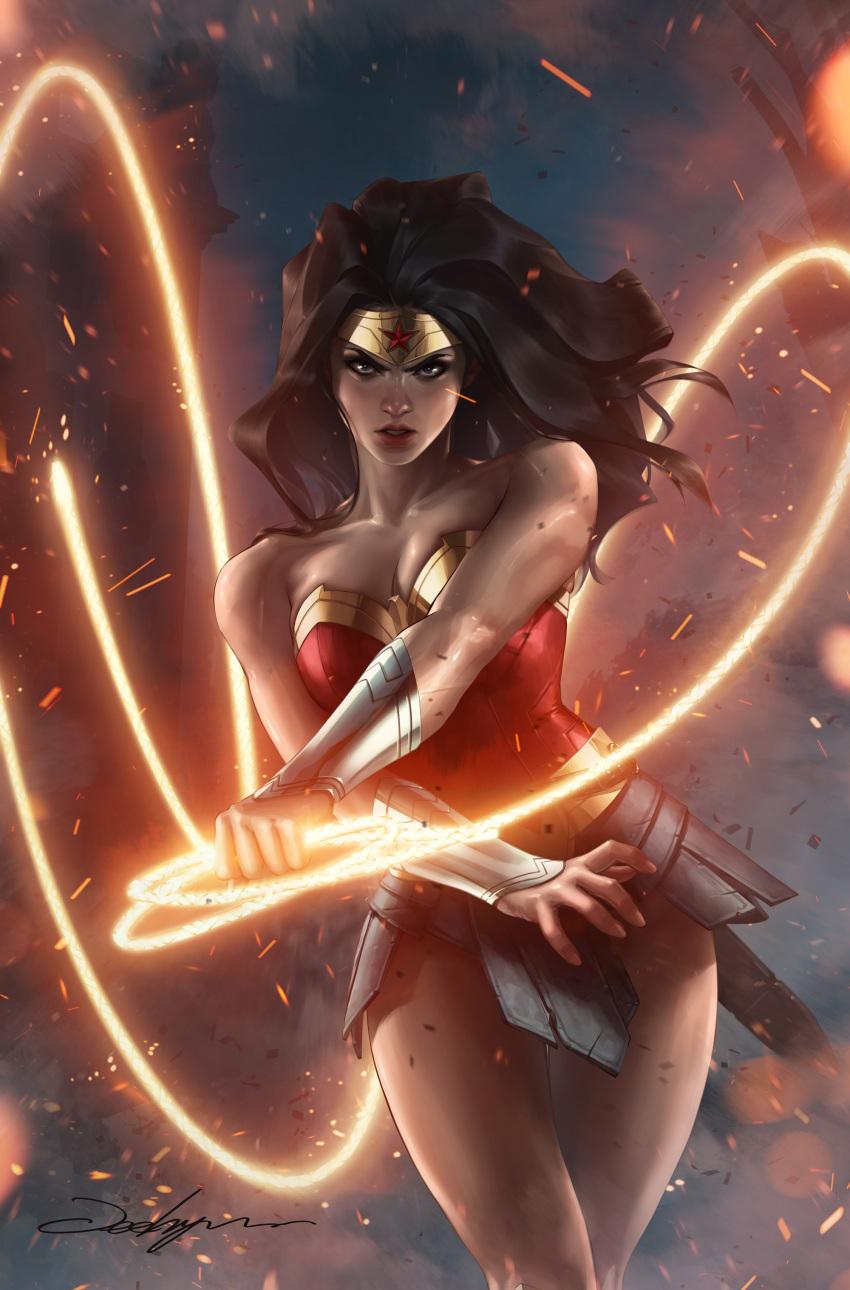 1girl absurdres bare_shoulders black_hair breasts cleavage dc_comics embers highres holding holding_whip jee-hyung_lee long_hair signature vambraces wonder_woman wonder_woman_(series)