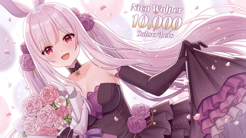 1girl :d animal_ears balloon bare_shoulders black_dress black_gloves blush bouquet breasts character_name cleavage collarbone commentary_request dress elbow_gloves flower gloves grey_hair hair_flower hair_ornament hitsuki_rei holding holding_bouquet indie_virtual_youtuber layered_dress long_hair looking_at_viewer medium_breasts milestone_celebration multicolored_hair nica_wolper petals pink_flower pink_rose pleated_dress purple_flower purple_rose rabbit_ears red_eyes red_hair rose skirt_hold smile solo strapless strapless_dress streaked_hair twintails very_long_hair virtual_youtuber white_flower white_rose