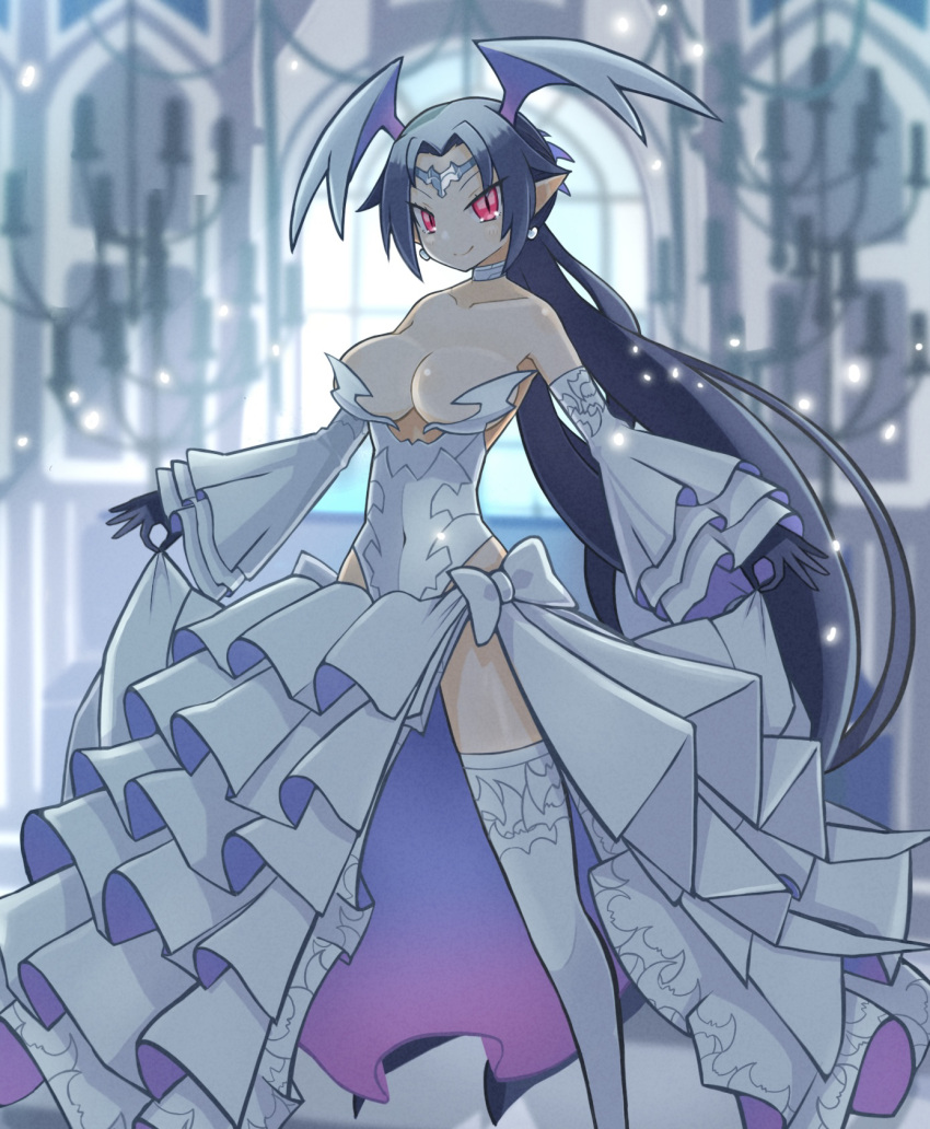 1girl bare_shoulders black_gloves black_hair bow breasts choker circlet cleavage closed_mouth collarbone covered_navel detached_sleeves disgaea earrings feet_out_of_frame gloves head_wings highres holding holding_clothes holding_skirt jewelry large_breasts layered_skirt layered_sleeves legs_apart leotard long_hair looking_at_viewer makai_senki_disgaea_6 melodia_(disgaea) outstretched_arms pointy_ears red_eyes shiny_skin skirt slit_pupils smile solo spread_arms standing suaman thighhighs white_bow white_choker white_leotard white_skirt white_sleeves white_thighhighs wings