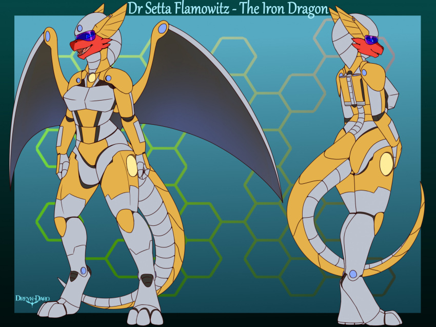 3_toes anthro armor blue_eyes breasts digitigrade dragon dreyk-daro english_text feet female headgear helmet hi_res looking_at_viewer looking_back looking_back_at_viewer machine medium_breasts model_sheet multicolored_armor open_mouth power_armor red_body red_scales scales scalie setta_flamowitz simple_background solo text toes two_tone_armor visor wearing_helmet western_dragon wings