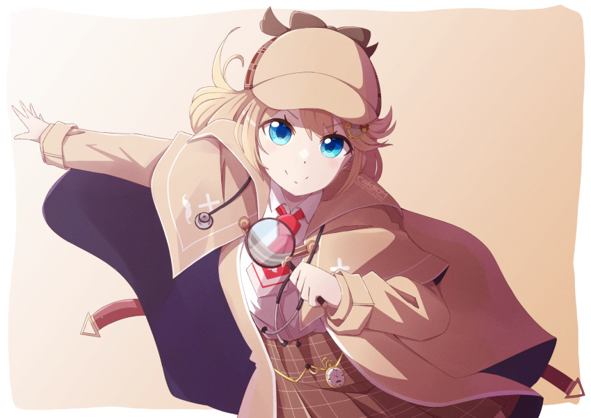 1girl aoi_kanan blonde_hair blue_eyes breasts brown_coat brown_headwear brown_skirt coat collared_shirt deerstalker hair_ornament hat high-waist_skirt highres holding holding_magnifying_glass hololive hololive_english large_breasts magnifying_glass monocle_hair_ornament necktie pocket_watch red_necktie shirt short_hair skirt smile virtual_youtuber watch watson_amelia watson_amelia_(1st_costume) white_shirt