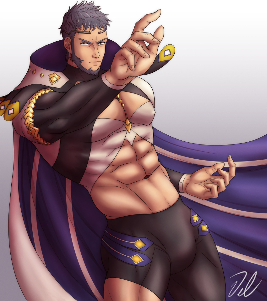 1boy abs absurdres art_vtm bara beard between_pectorals black_hair black_pants bulge cape english_commentary facial_hair fire_emblem fire_emblem_engage highres large_pectorals looking_at_viewer male_focus mauvier_(fire_emblem) muscular muscular_male navel pants pectorals purple_cape short_hair solo thick_thighs thighs tight_clothes