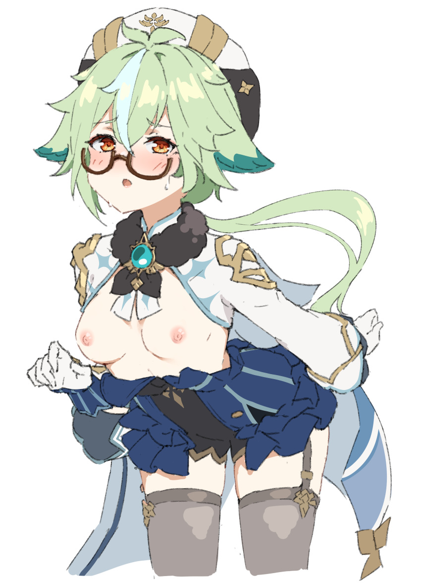 1girl animal_ears beret black_leotard black_thighhighs blue_hair blue_leotard blush breasts breasts_out brooch brown-framed_eyewear cape clothes_down cropped_legs frilled_leotard frills fur_collar garter_straps genshin_impact glasses gloves gold_trim green_hair hair_between_eyes hat highres jewelry leaning_forward leotard light_blue_hair long_hair long_sleeves looking_at_viewer multicolored_hair nipples open_mouth orange_eyes ponytail seion semi-rimless_eyewear small_breasts solo streaked_hair sucrose_(genshin_impact) sweat thighhighs two-tone_leotard under-rim_eyewear vision_(genshin_impact) white_background white_cape white_gloves white_sleeves