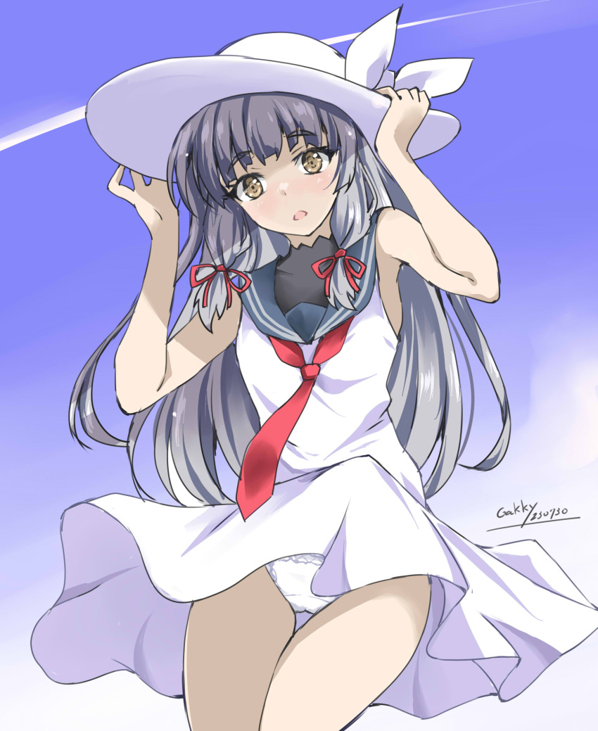 1girl adapted_costume alternate_costume blue_sailor_collar blue_sky cloud contrail day dress gakky grey_hair hair_ribbon hat highres holding holding_clothes holding_hat kantai_collection long_hair looking_at_viewer murakumo_(kancolle) neckerchief orange_eyes outdoors panties red_neckerchief ribbon sailor_collar sailor_dress sidelocks sky sleeveless sleeveless_dress solo thigh_gap tress_ribbon underwear white_dress white_headwear white_panties