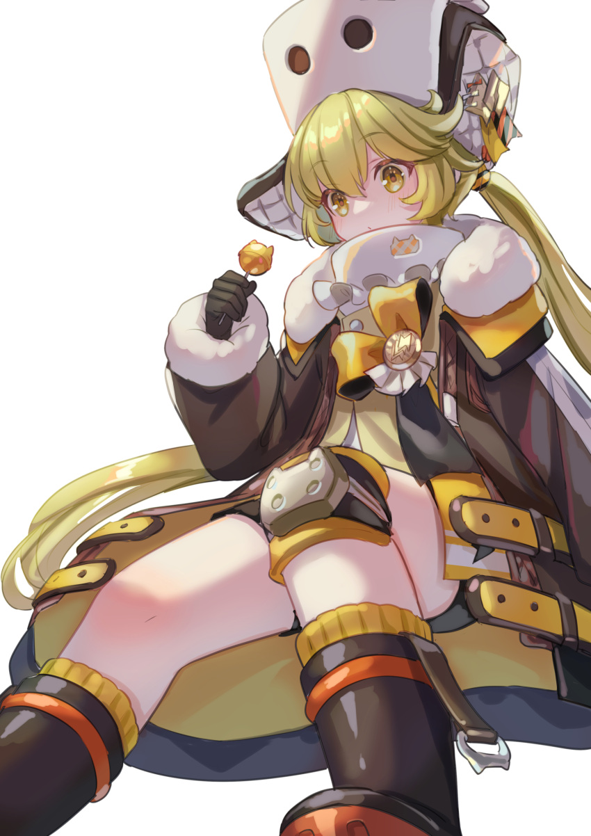 1girl absurdres blonde_hair boots bow brown_coat brown_footwear brown_gloves candy coat food full_body fur-trimmed_coat fur-trimmed_sleeves fur_trim gloves hat highres holding holding_candy holding_food holding_lollipop honkai:_star_rail honkai_(series) hook_(honkai:_star_rail) knee_pads lollipop open_clothes open_coat orange_bow simple_background solo suzaku_(zaku6584) twintails white_background white_headwear yellow_eyes