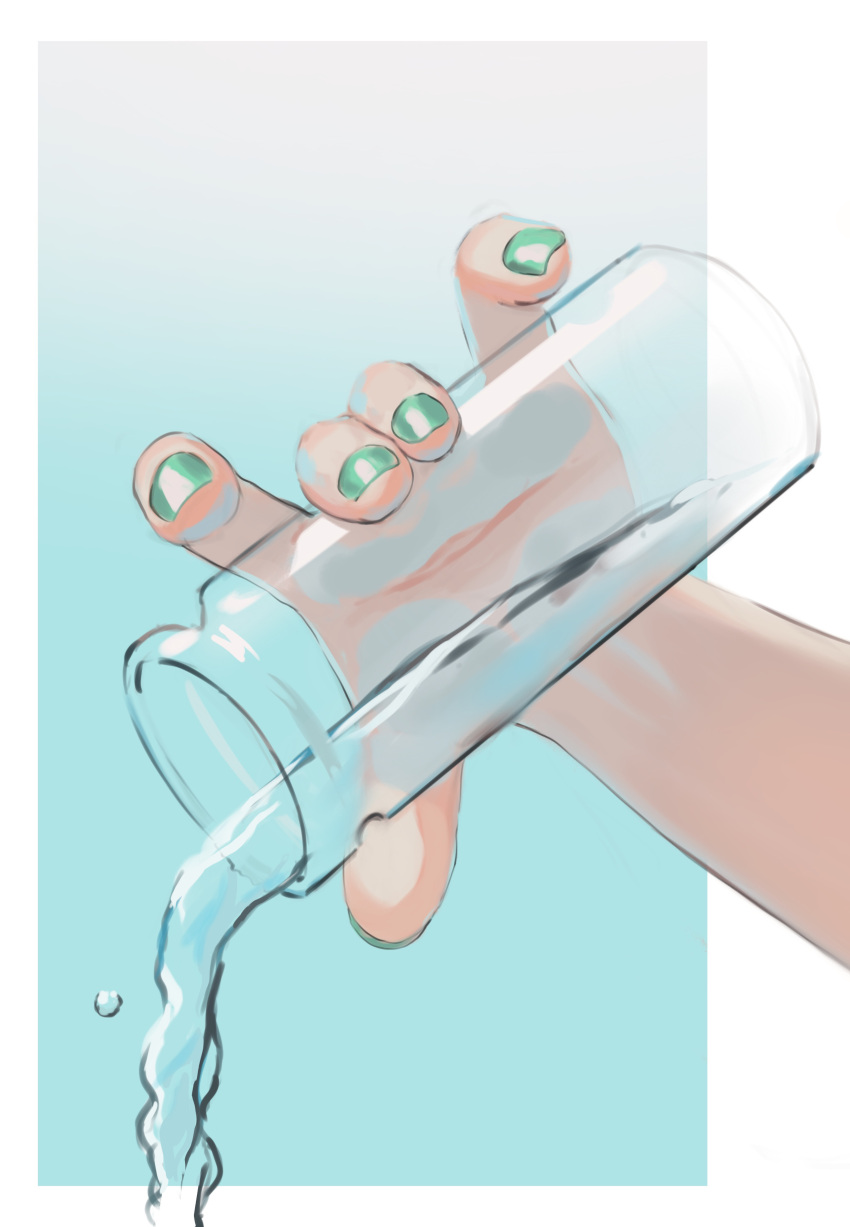 1girl absurdres bottle glass_bottle green_nails highres holding holding_bottle nail_polish original potatomochii pouring solo water