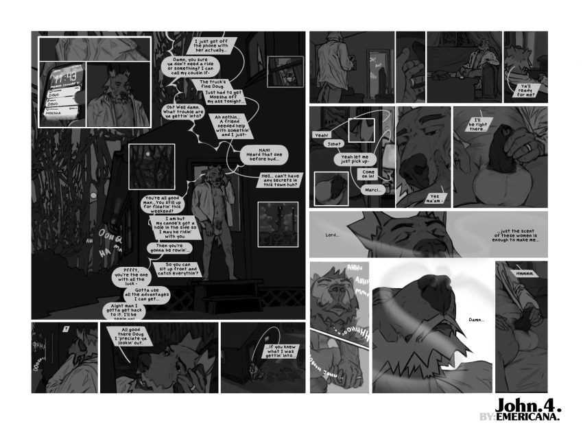 2023 5_fingers anthro balls beard big_balls briefs butt canid canine canis cellphone clothed clothing comic dialogue digit_ring discarded_briefs discarded_clothing discarded_underwear domestic_dog dress_shirt emericana english_text erection eyes_closed facial_hair finger_ring fingers foreskin full_moon fur furniture genitals greyscale hi_res humanoid_hands inside jewelry john_(emericana) living_room male mammal masturbation mature_anthro mature_male moan monochrome moon mostly_nude navel night offscreen_character offscreen_sex on_sofa open_clothing open_shirt open_topwear outside page_number penile penile_masturbation penis phone phone_call plant ring scent shirt sitting sitting_on_sofa smartphone sniffing sofa solo speech_bubble standing teeth television text text_message tongue topwear tree underwear wedding_ring