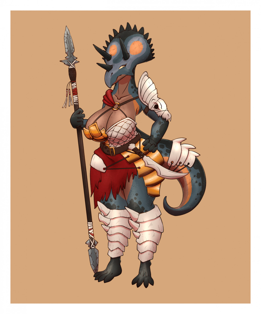 3_horns anthro armor arttukorppu bottomwear breasts ceratopsian clothed clothing dagger dinosaur female gold_(metal) gold_armor gold_jewelry hi_res horn jewelry loincloth looking_up melee_weapon multi_horn ornithischian polearm reptile scalie simple_background solo spear weapon
