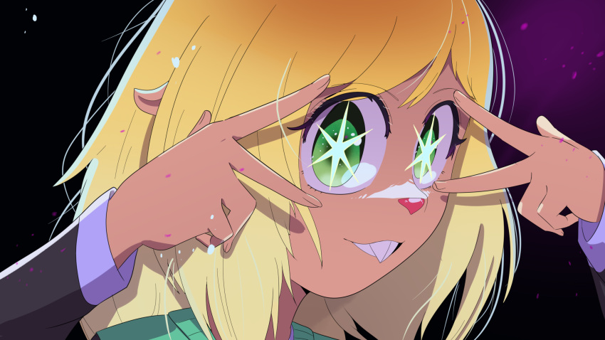 anthro blonde_hair deer deltarune female gesture hair hi_res hitsuji looking_at_viewer mammal noelle_holiday oshi_no_ko simple_background smile solo star_eyes style_emulation undertale_(series) v_sign