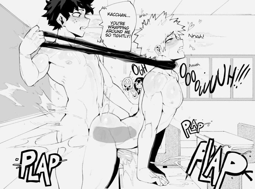 2boys 2girls ahegao asphyxiation asui_tsuyu bakugou_katsuki black_whip_(boku_no_hero_academia) boku_no_hero_academia caught chalkboard cheese_crumbles classroom doggystyle freckles greyscale heart male_focus midoriya_izuku monochrome multiple_boys multiple_girls nipples nude penis_size_difference school_uniform sex spiked_hair toned toned_male u.a._school_uniform uraraka_ochako window yaoi