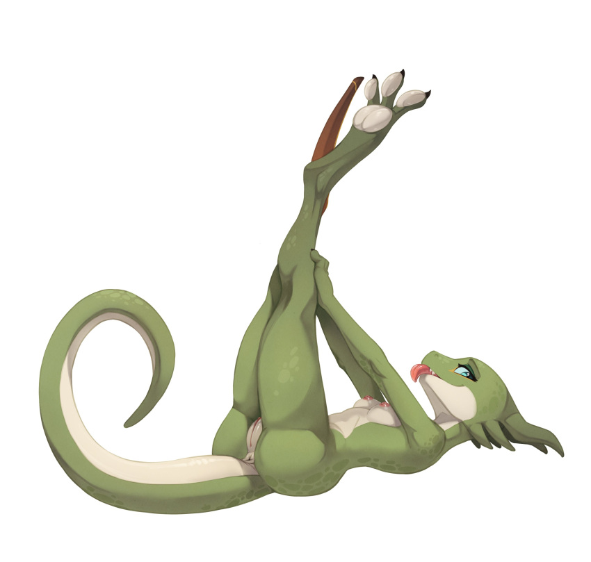 absurd_res anthro anus breasts feet female genitals green_body green_scales hi_res kobold legs_up nipple_dip nipples non-mammal_breasts non-mammal_nipples pussy scales scalie simple_background smile solo tongue tongue_out vistamage white_background